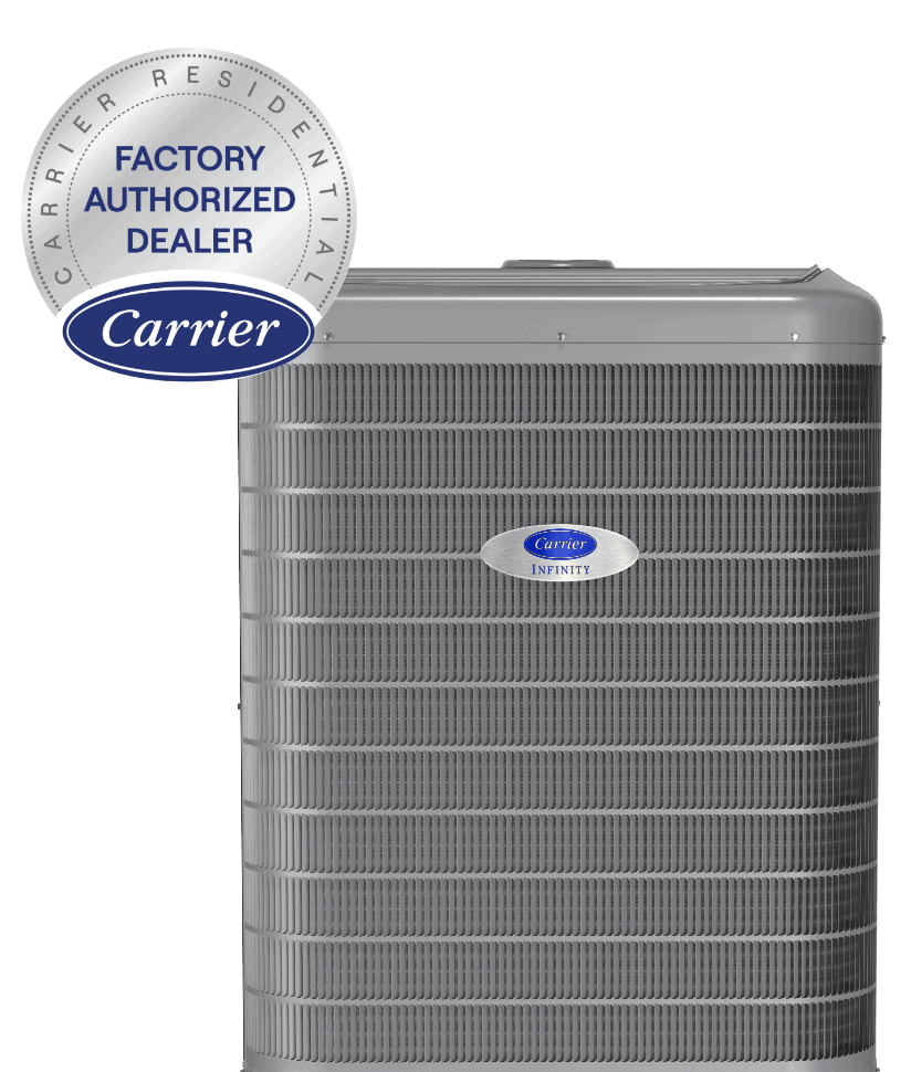 Carrier HVAC system with Factory Authorized Dealer logo.